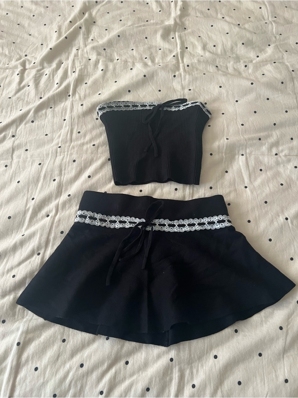 Edikted Black Lace-Trim Tube Top and Skirt Set